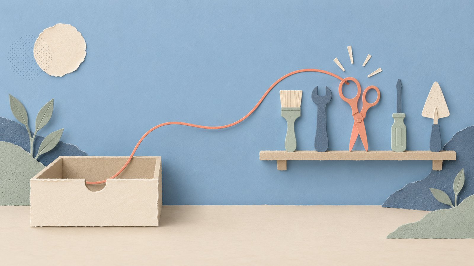 A calm paper-cut collage shows a coral thread leading from an open cream box to a single slate-blue key, with other tools resting quietly nearby.