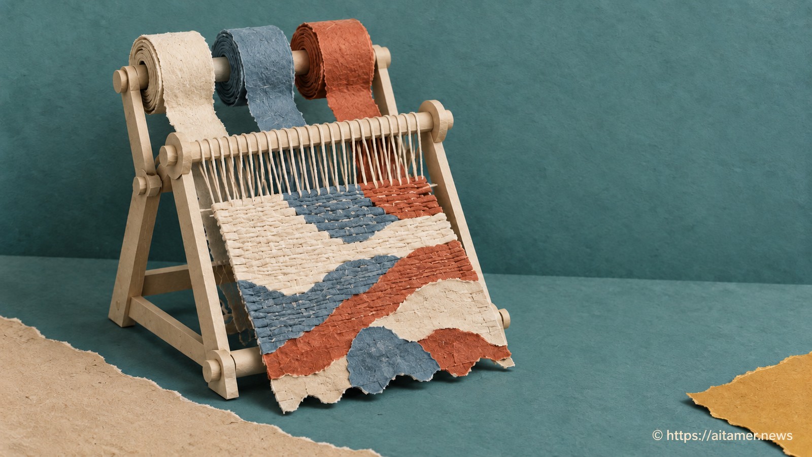 A paper loom assembles cream, blue, and rust ribbons into a newly chosen woven pattern.