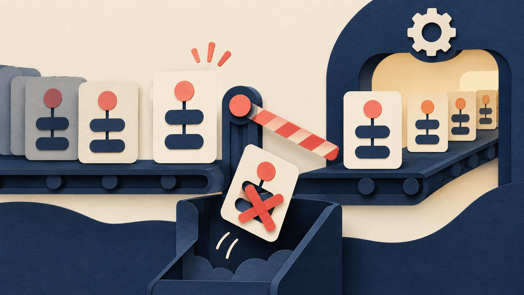 A pending workflow card falls from a conveyor before it reaches the execution gate.