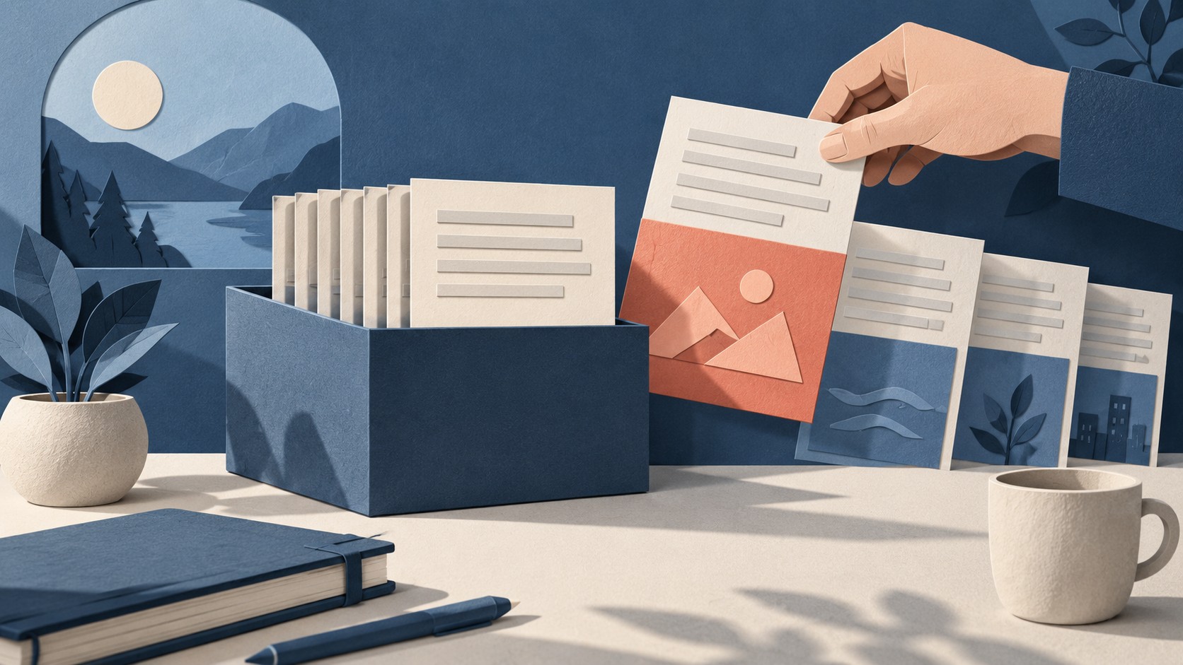 Repeated paper cards share a common stack while a hand holds a separate changing card.
