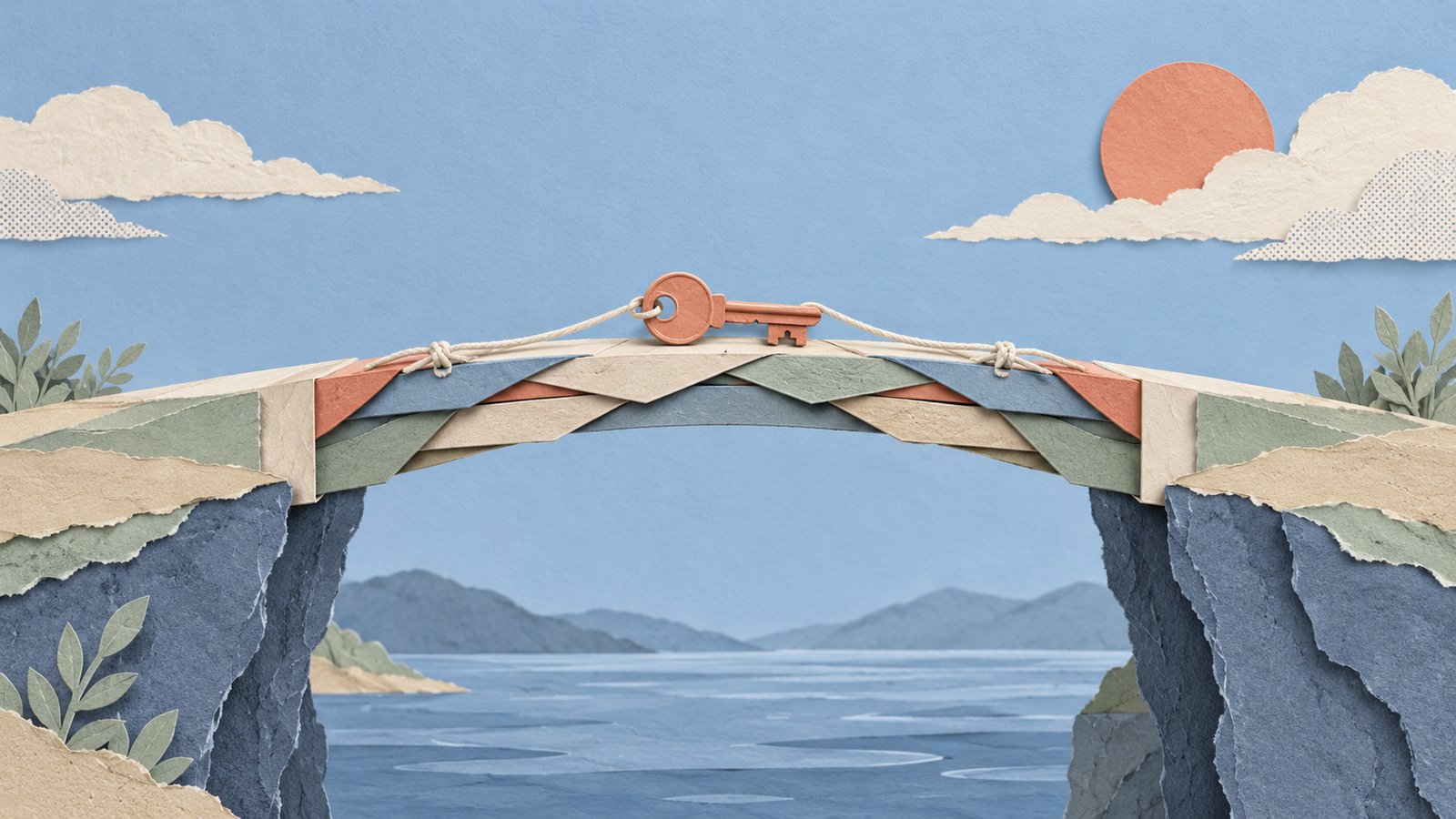 A calm paper-cut collage of a sturdy layered bridge spanning a narrow gap, with a small key and thread at its center.