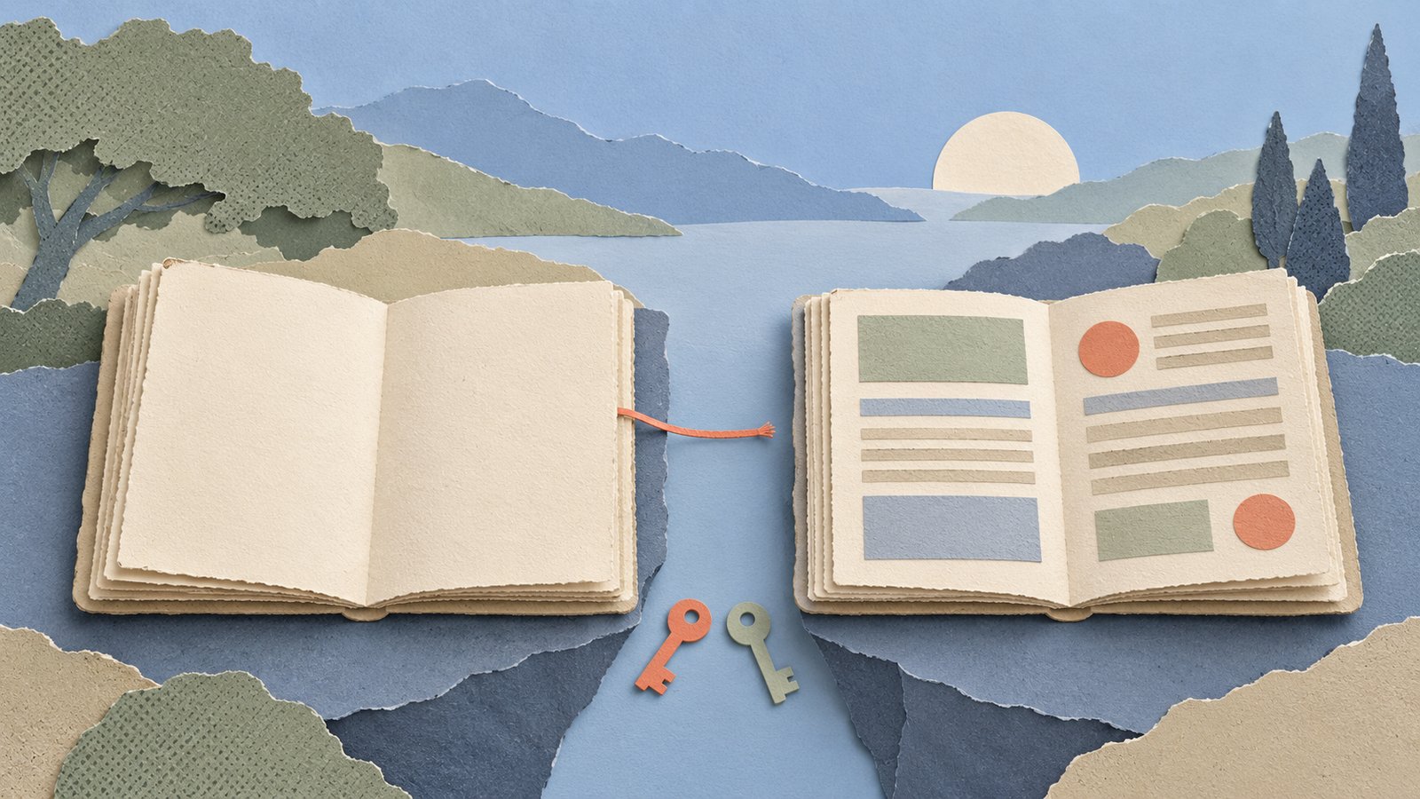 A paper-cut collage shows a blank ledger and a completed summary ledger separated by a narrow gap, linked by a coral thread and paired with two keys.
