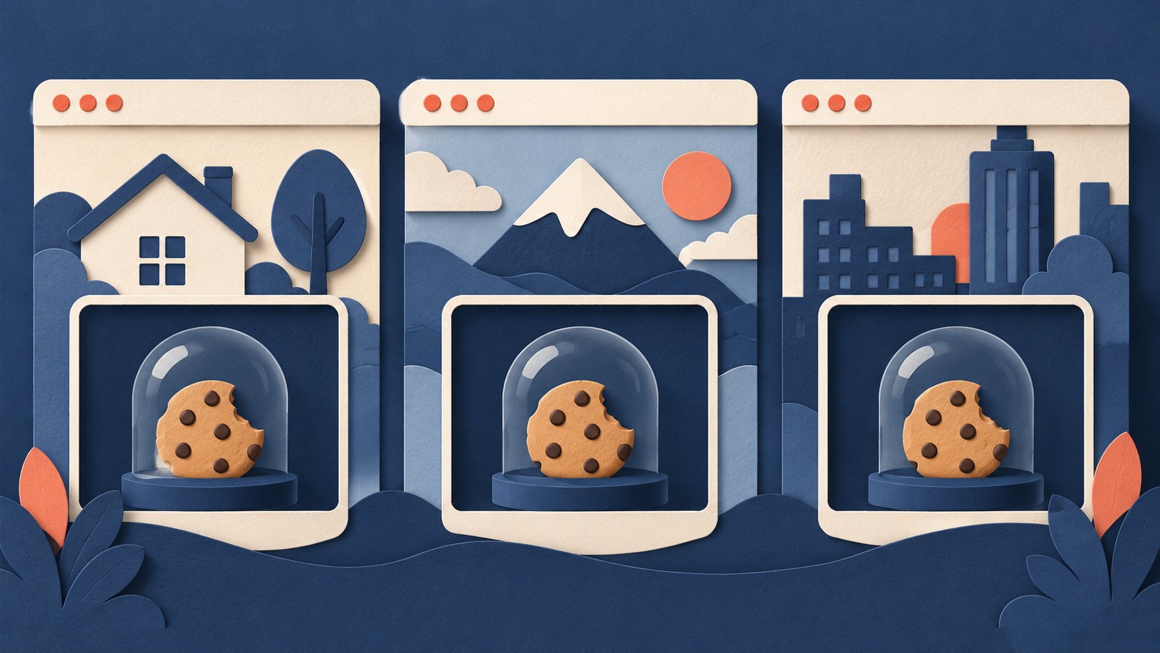 The same embedded cookie sits inside three different site windows, each with its own setting.