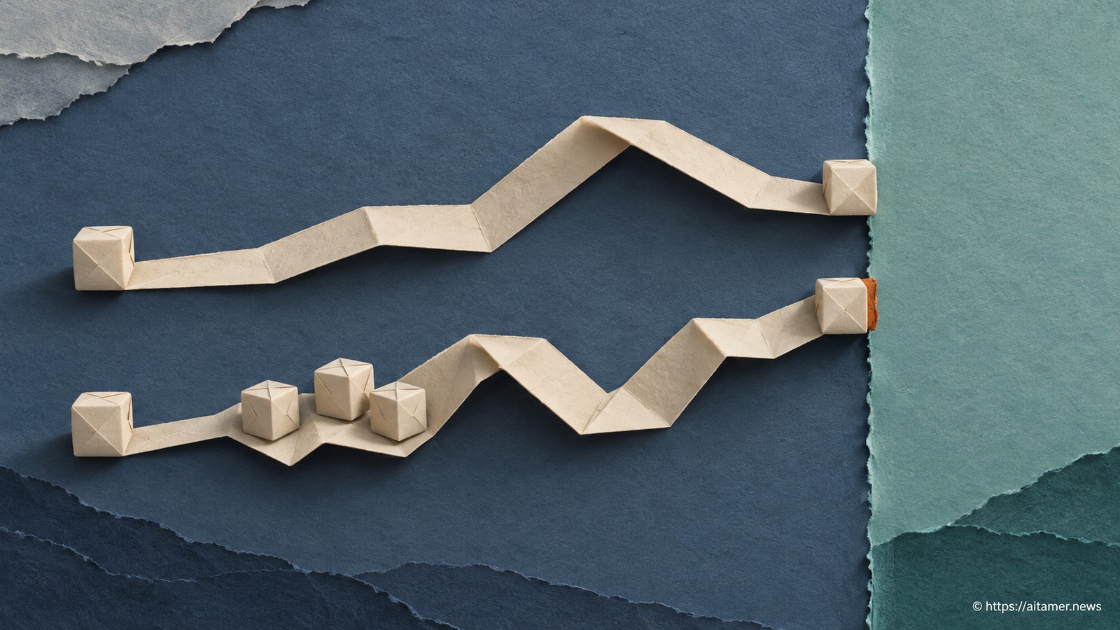 Two identical folded cream paper blocks traverse two differently folded routes, one solo and one beside a small group, and arrive almost aligned with a tiny rusty offset at a thin teal boundary. Same starting weights different arithmetic route can cross a decision boundary. No numeric scale or plot.