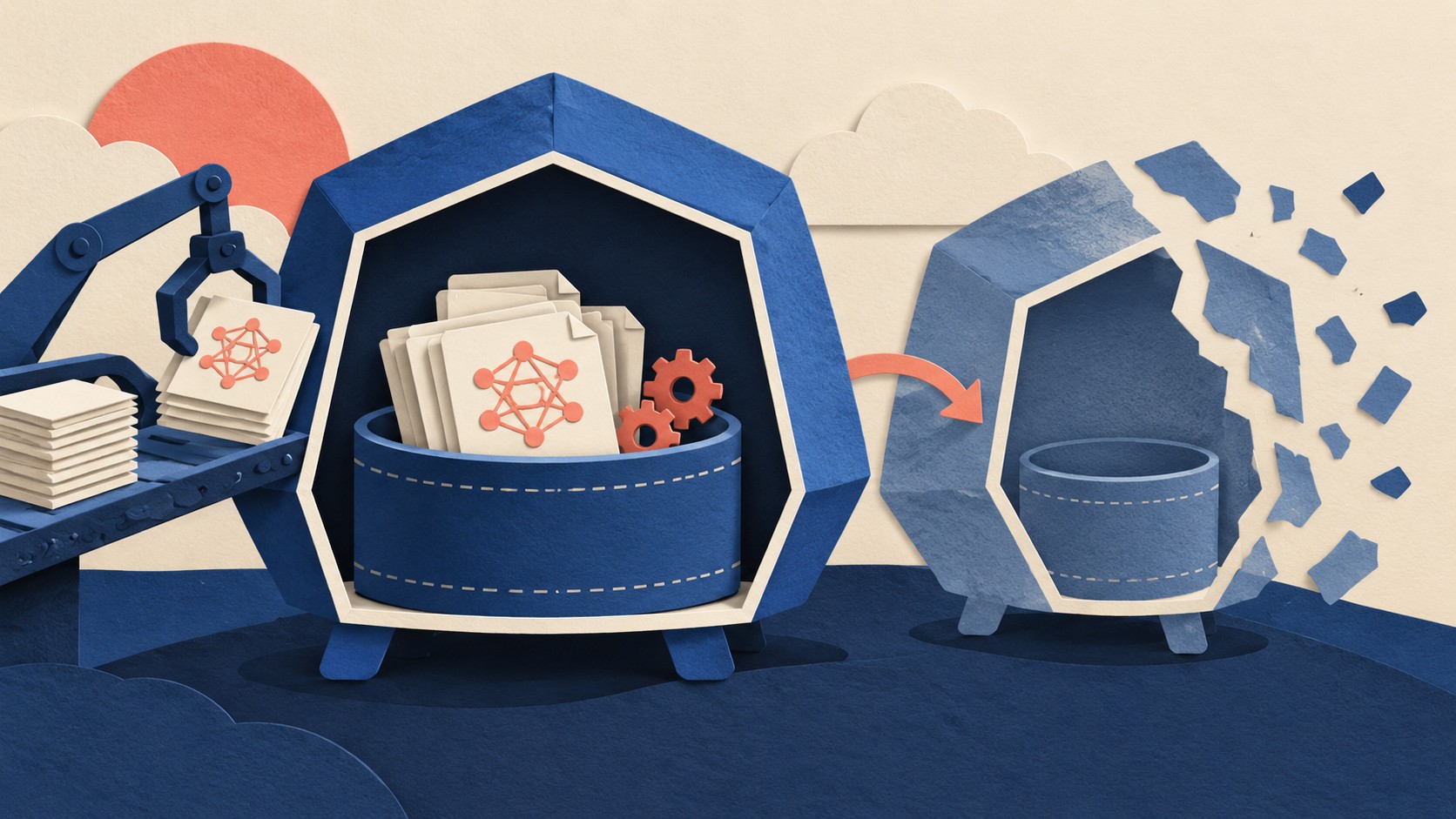 A pod holds temporary files while a second pod disappears and leaves its scratch store empty.