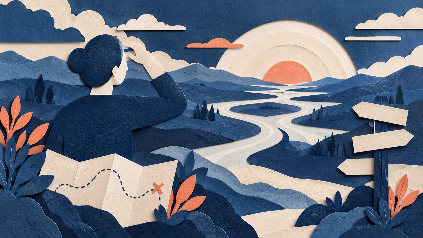 A person studies a winding route at sunrise, with an uncertain map and blank direction signs.