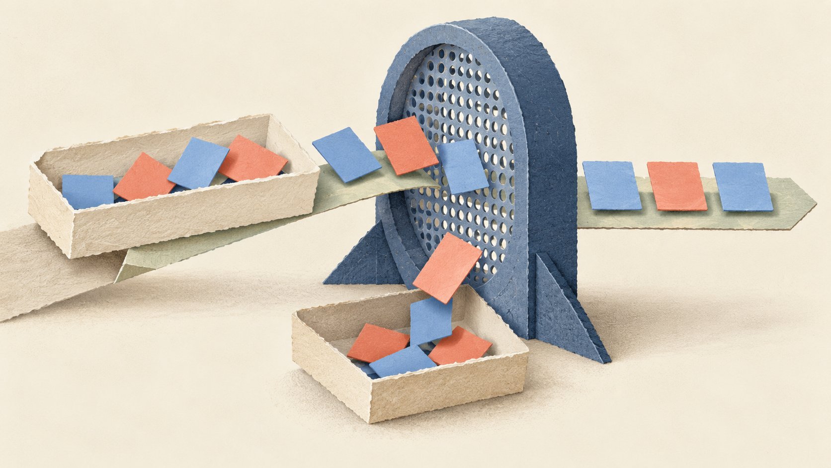 Paper tiles pass through a large blue sieve; accepted tiles form a row while rejected tiles fall into a tray.