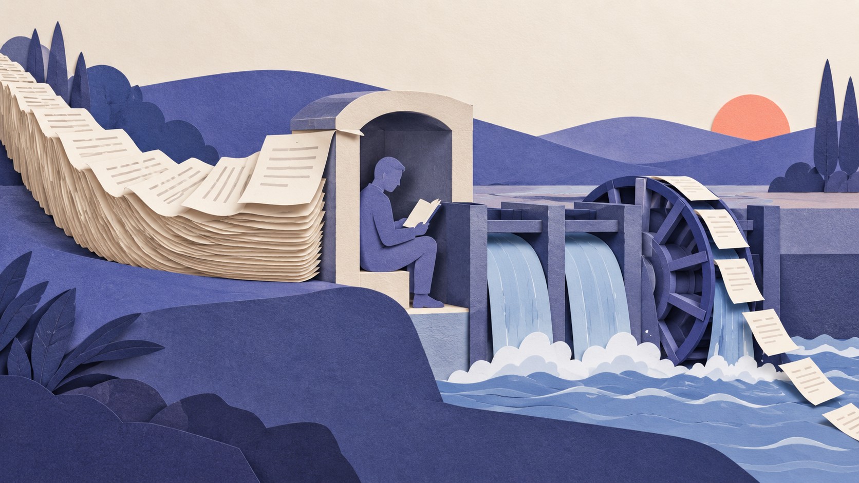 A seated paper reader holds a book while a long stream of pages accumulates beside a waterwheel.