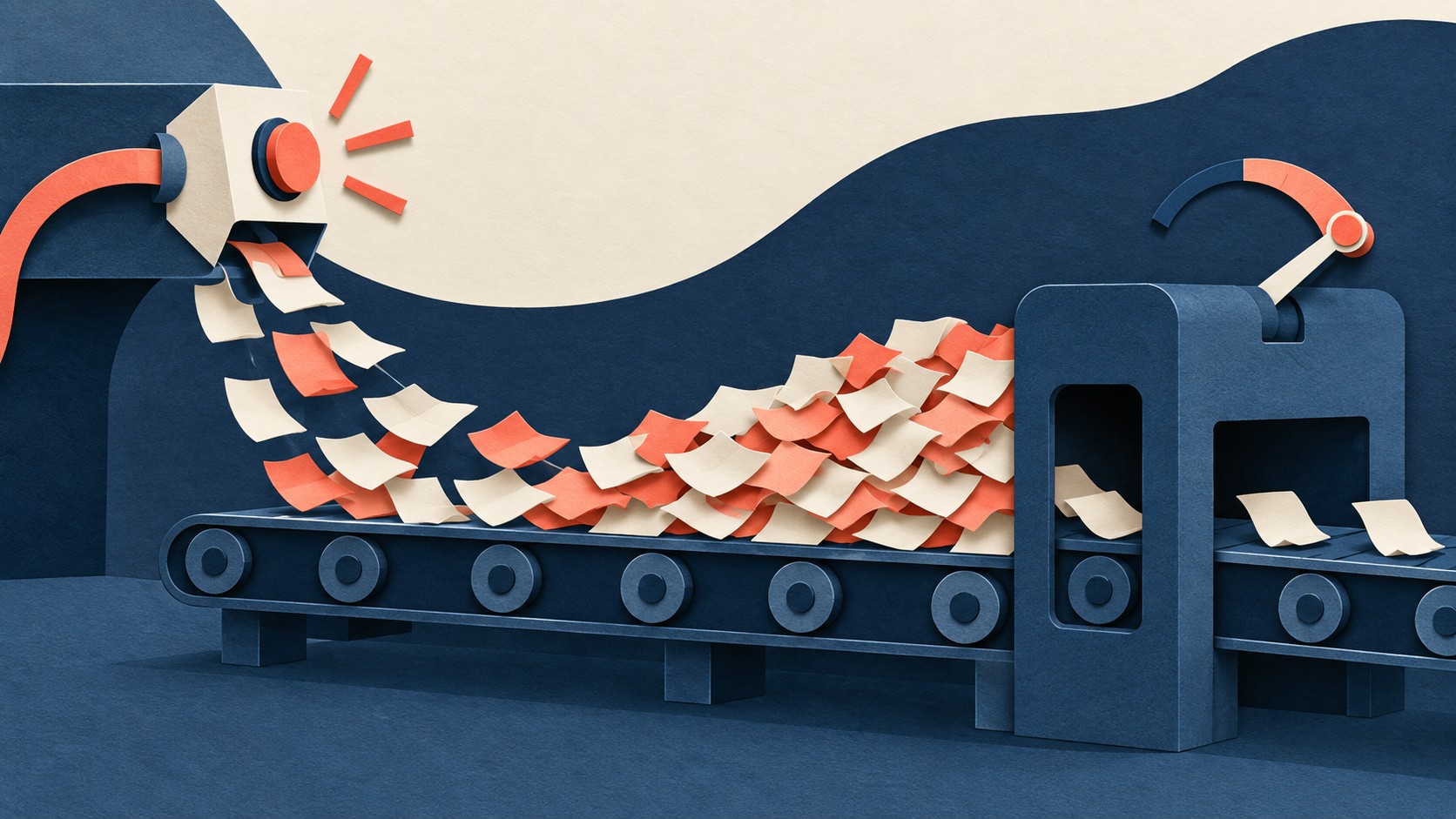 Paper messages pile up on a conveyor behind a narrow processing gate.