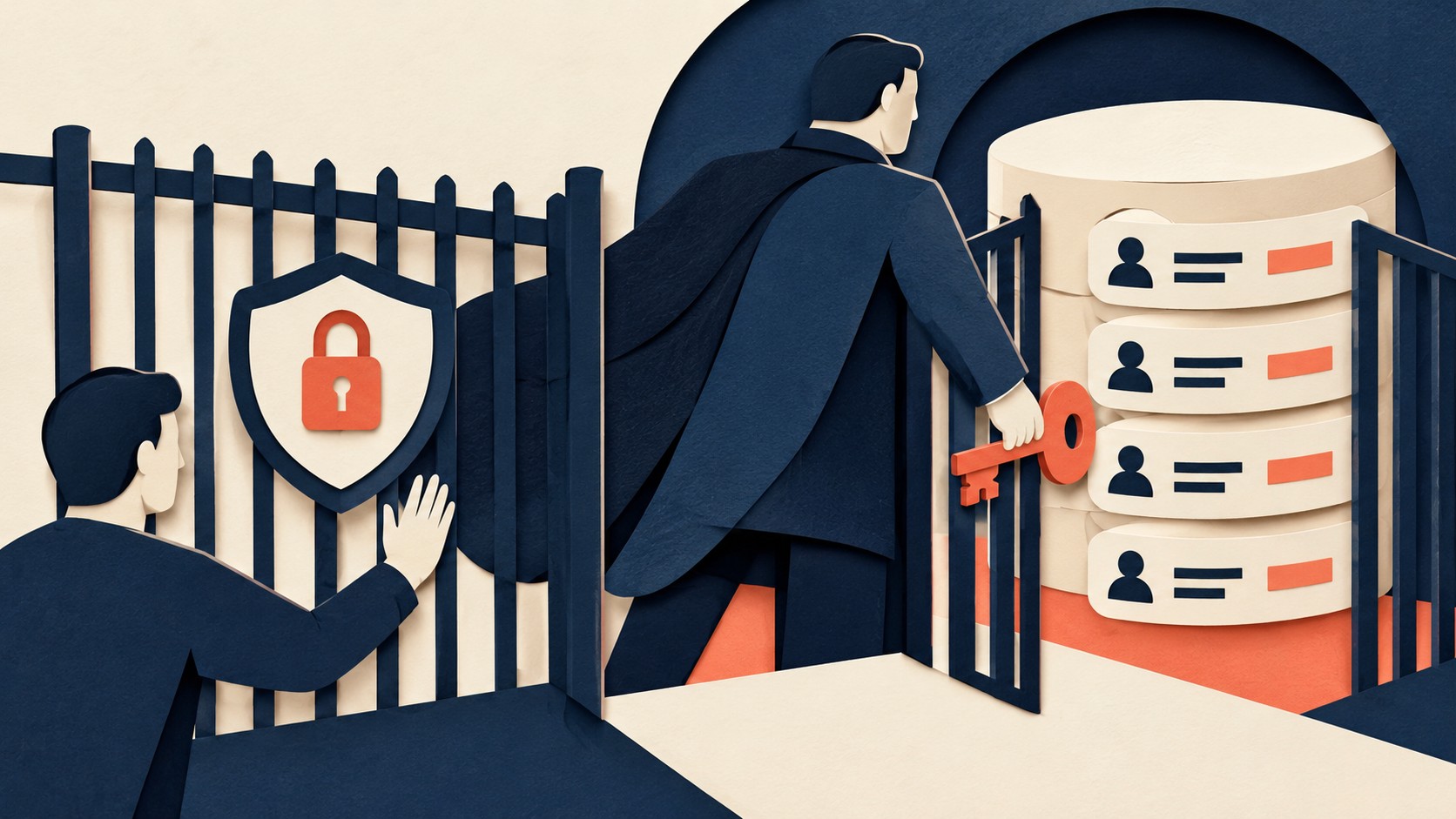A table owner uses a key to pass through a gate that blocks another user from database rows.