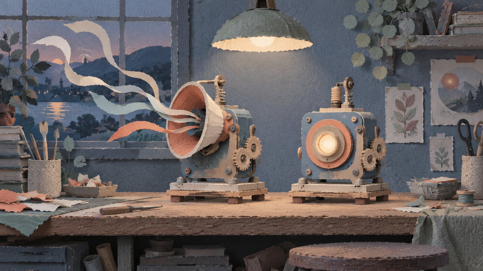 A layered paper-cut workshop scene shows two matching machines: one spills faint ribbons from its open speaker mouth while the other glows quietly beneath a cream lamp.