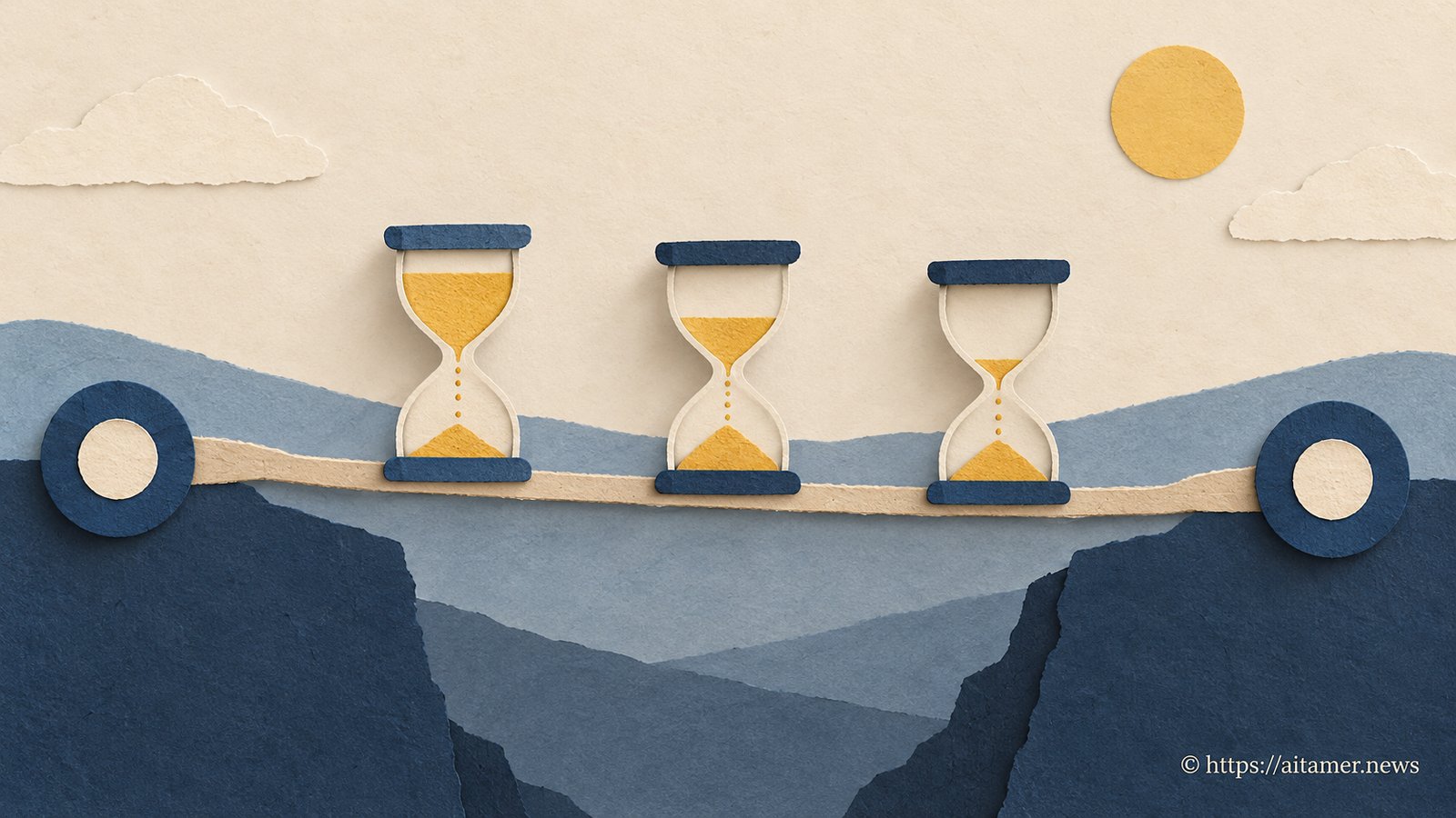 Three paper hourglasses with different amounts of sand guard a narrow path between two navy network endpoints.