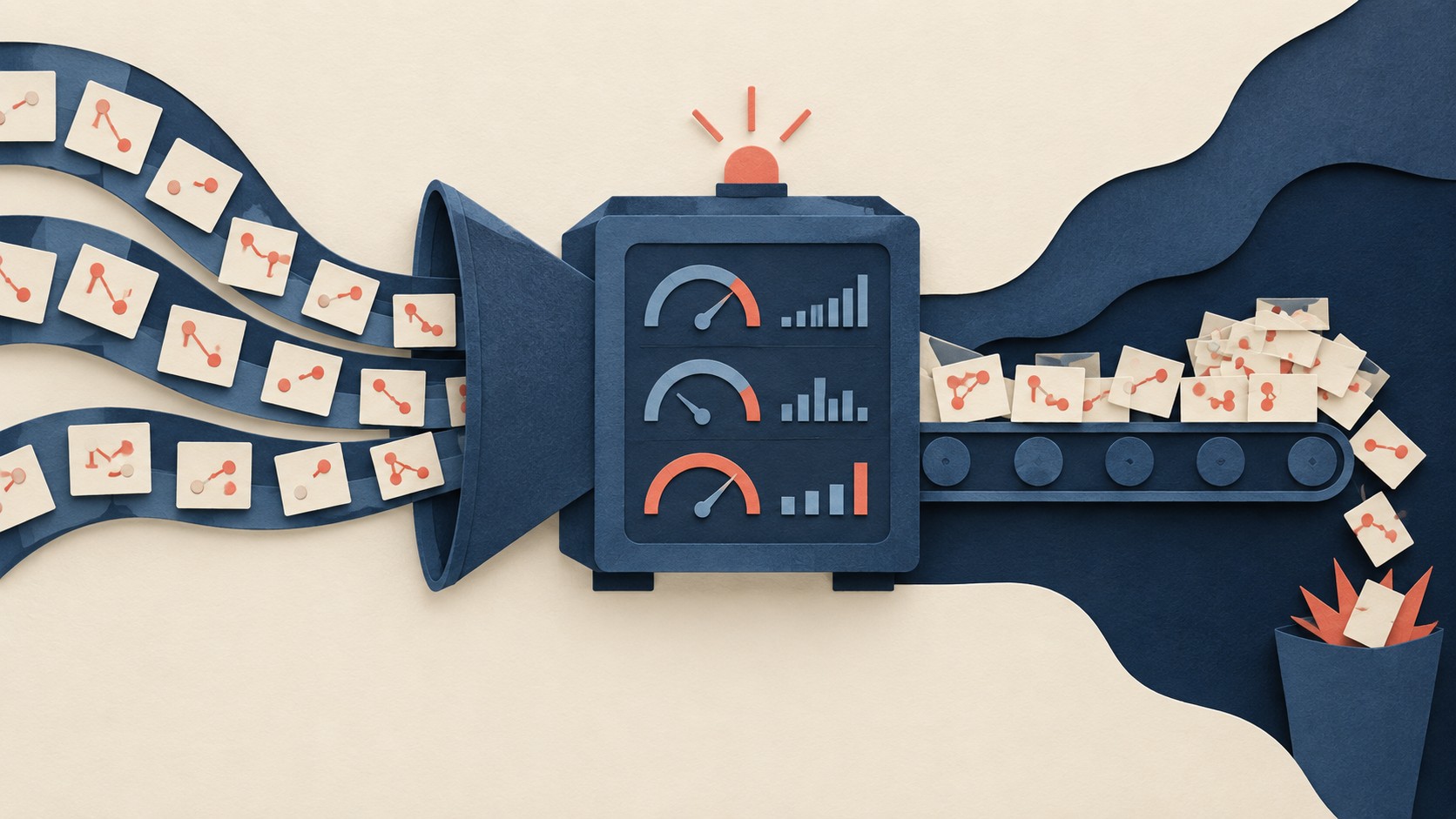 Trace cards pass through a metrics pipeline while failure cards spill out at the end.