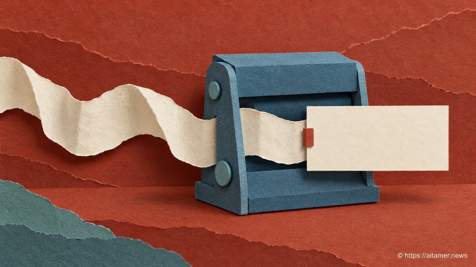 An irregular speech ribbon passes through a blue paper press into a neat blank display card while the original remains attached.
