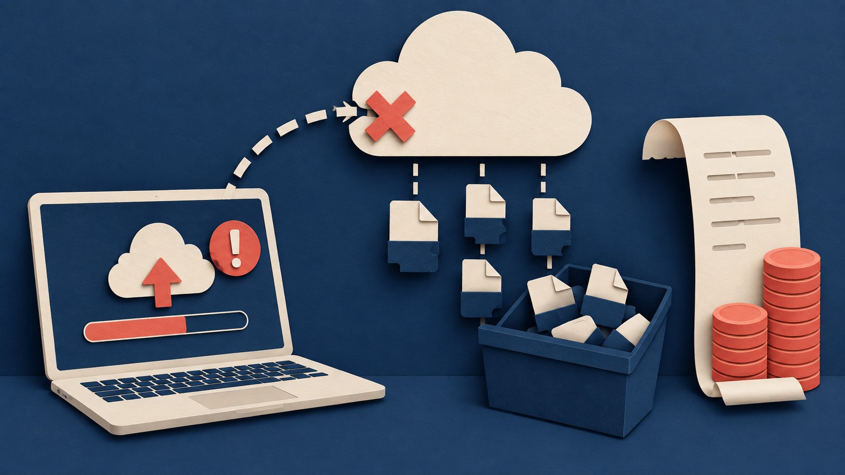 A failed cloud upload leaves partial file pieces stored beside a growing bill.