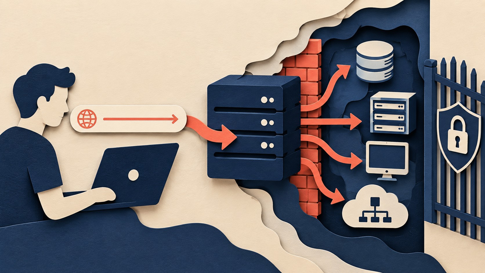 A web request from a laptop passes a server boundary toward protected internal systems.