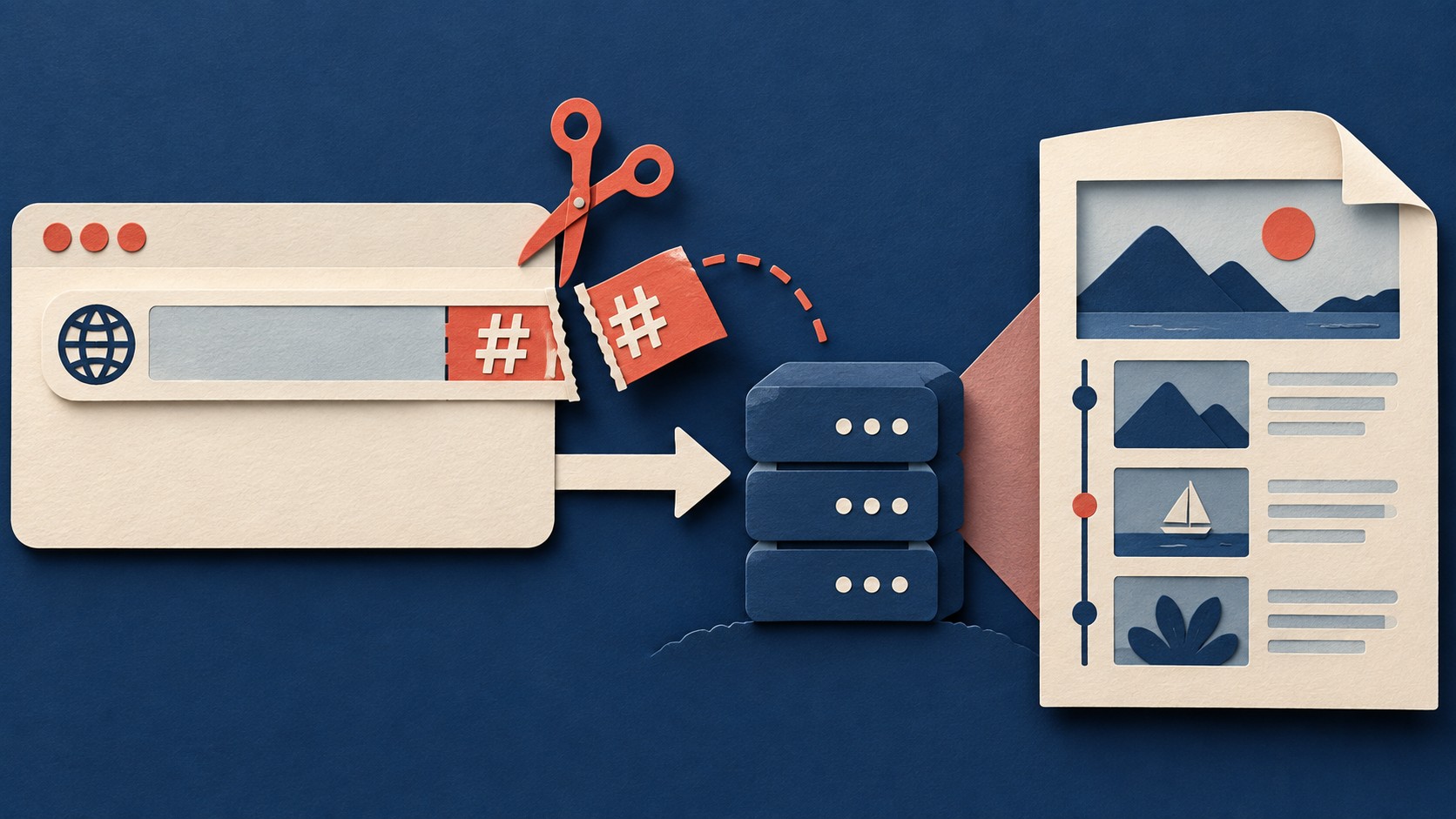Scissors cut the fragment from a web address before a server retrieves the page.