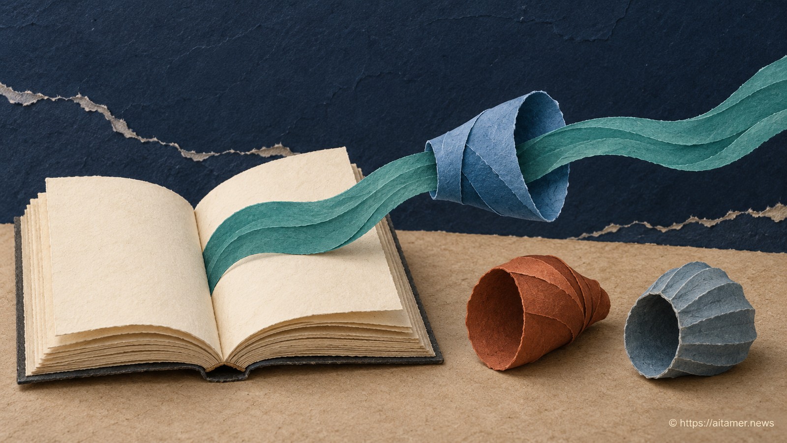An unchanged sound ribbon leaves a book through one selected resonator sleeve, with two alternate voices beside it.