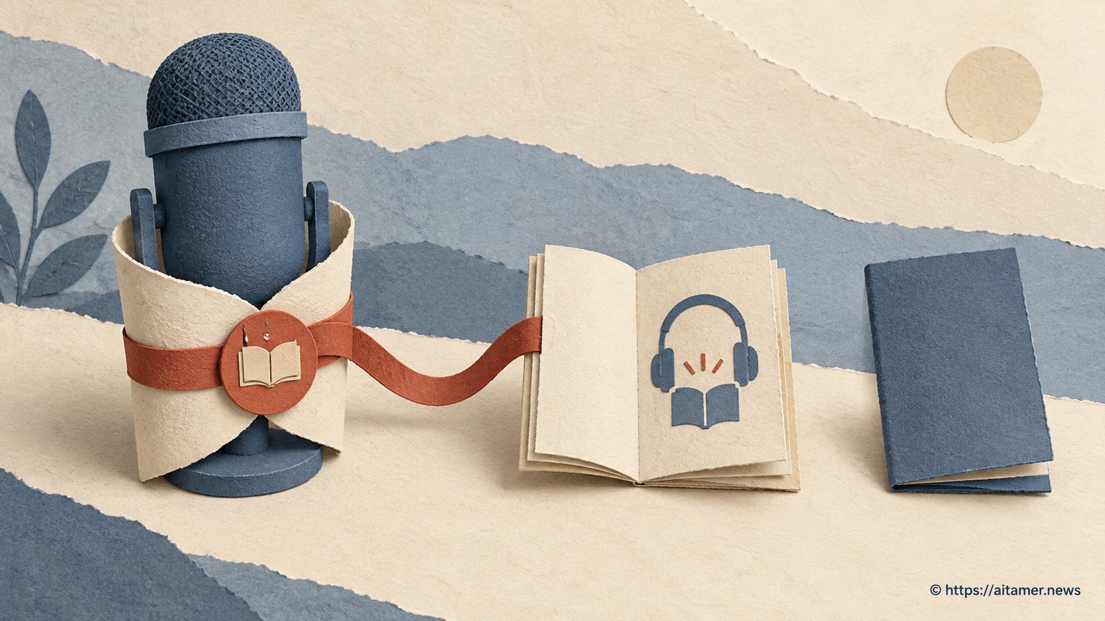 A blue microphone in a cream sleeve connects by rust permission ribbon to one audiobook, leaving a second booklet unconnected.