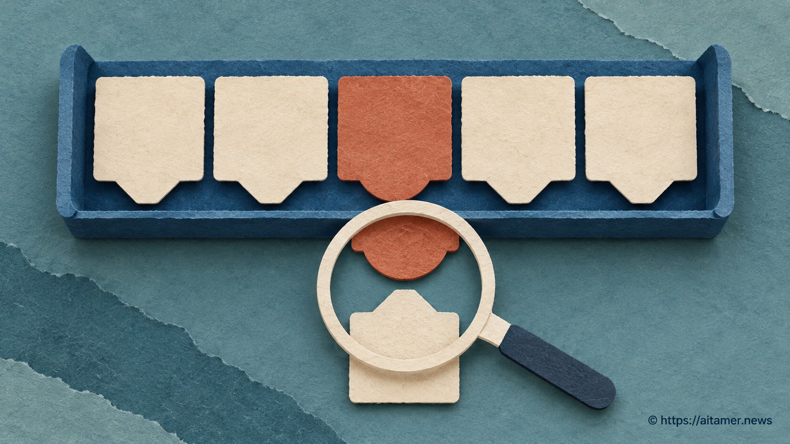A neat row of paper tiles contains one rust rounded tab, compared under a magnifier with the angled source tab.