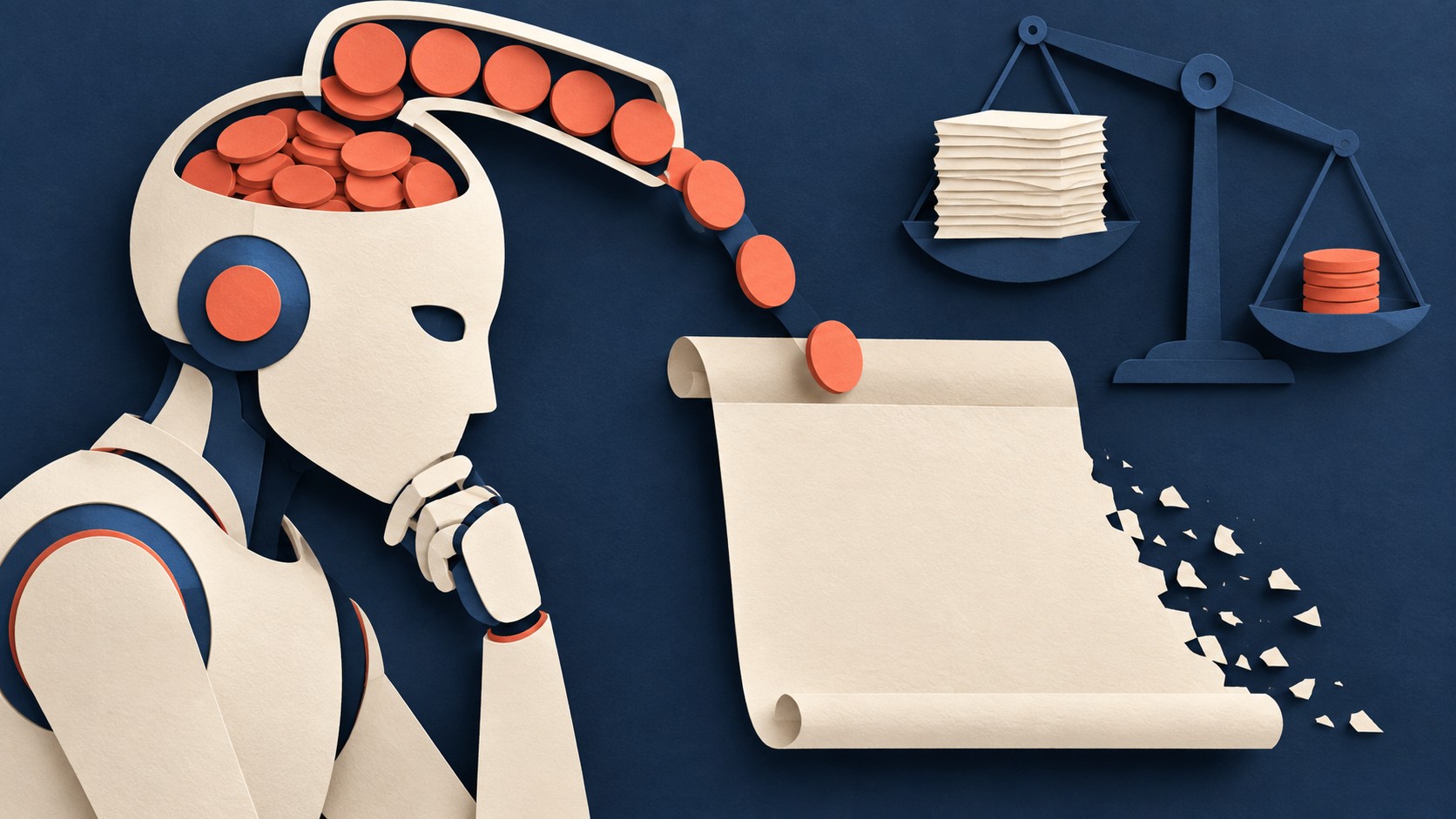 Illustrated robot head filled with tokens as its unfinished answer sheet fades at the edge.