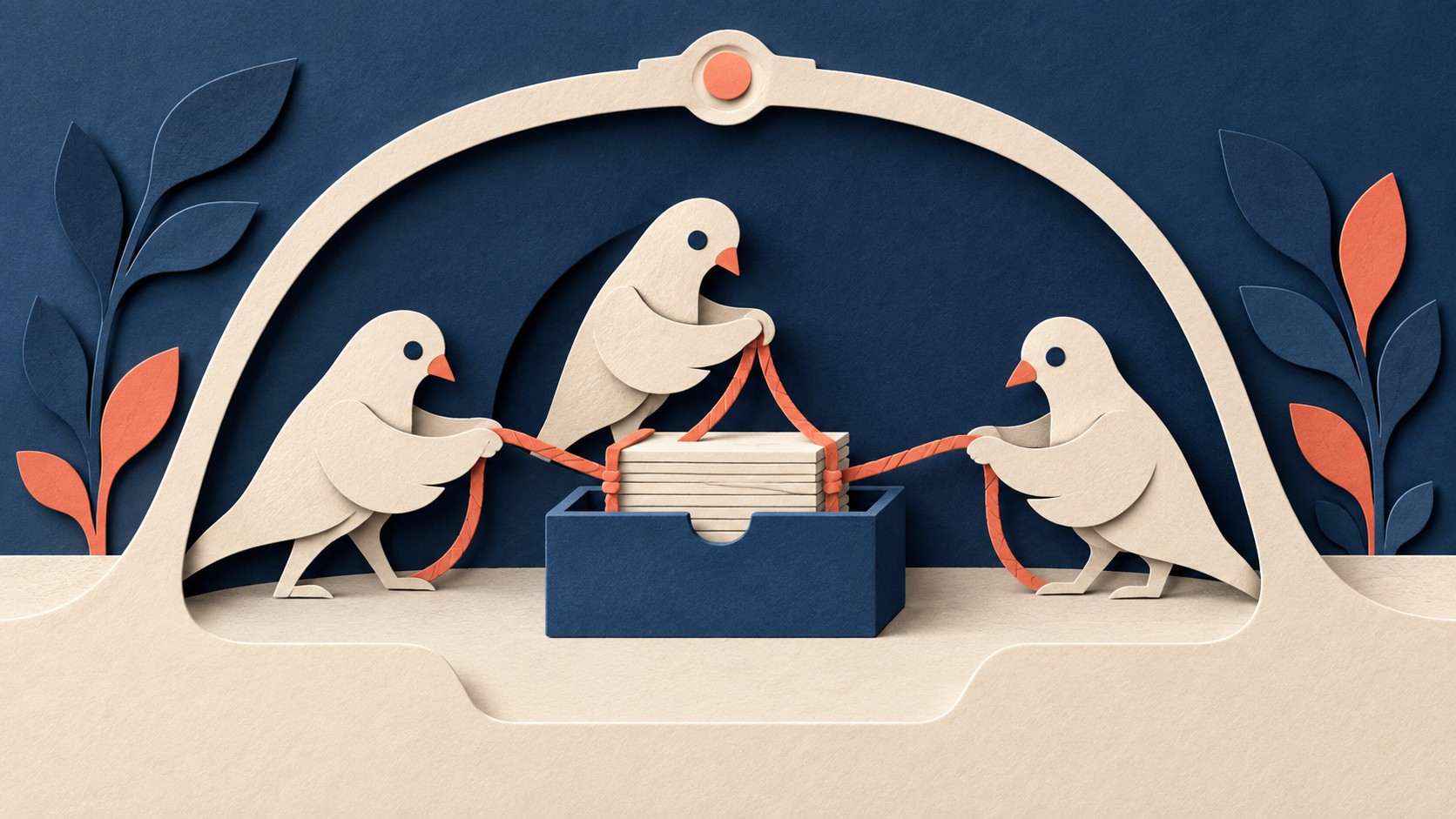 Three birds holding threads tied to a stack of cards, illustrating threads borrowing stack space.
