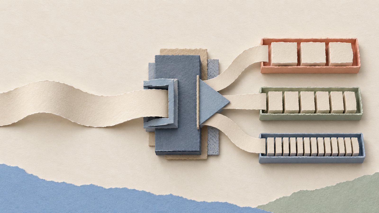 A blank paper ribbon passes through a central sorter and emerges as three strands of differently sized paper blocks, in a calm blue, coral, and cream collage.