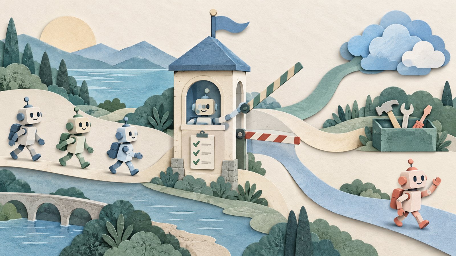 A paper-cut collage of a small stone gatehouse on a winding path: three paper robots walk toward it, a striped barrier is raised for one path and lowered for another, and beyond it the paths lead to a cloud, a toolbox and a waving robot.