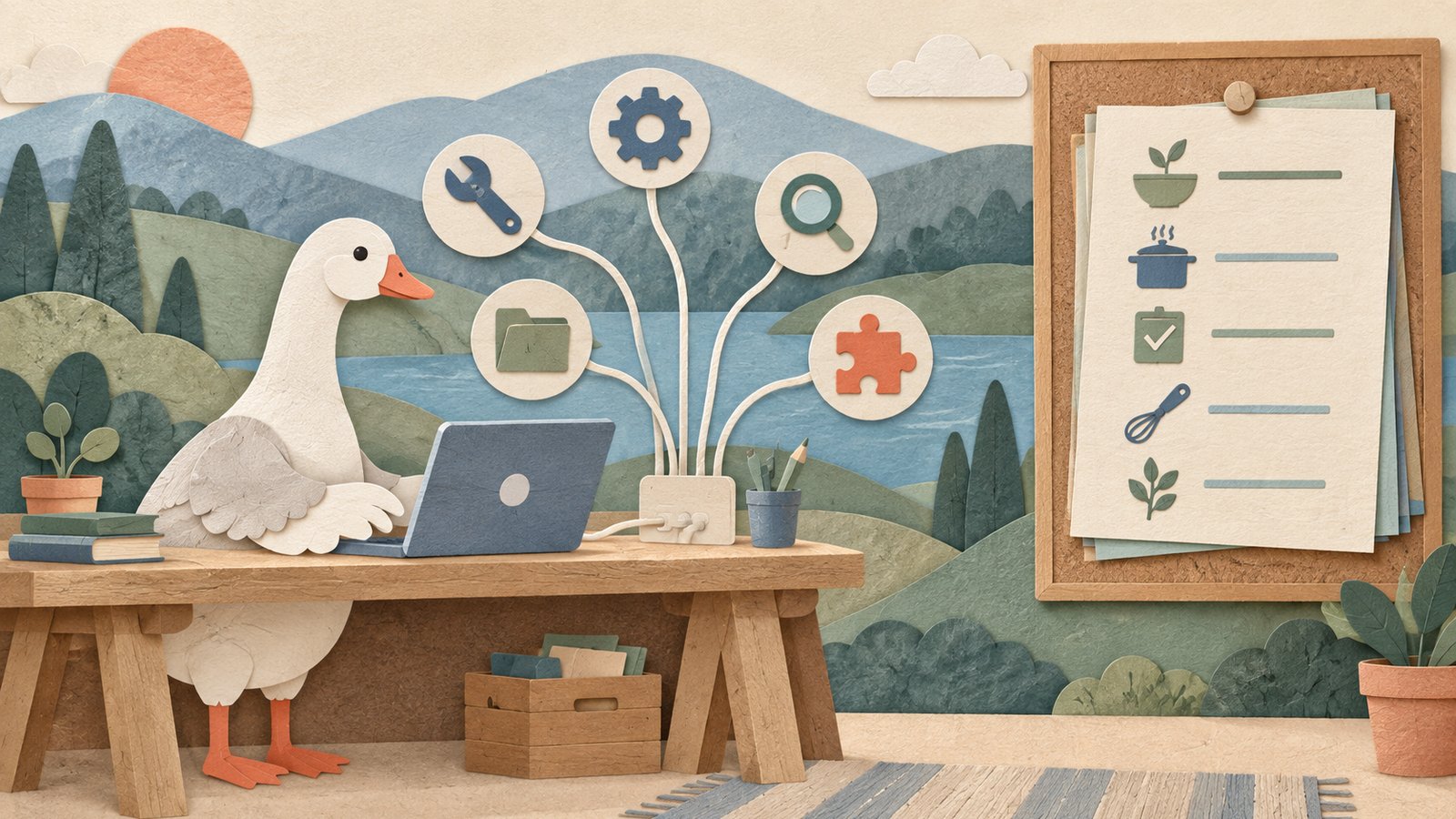 A paper-cut collage of a white goose typing on a paper laptop at a wooden workbench, with round paper modules for a wrench, a folder, a gear, a magnifying glass and a puzzle piece plugged in by cables, and recipe cards pinned to a corkboard on the right.