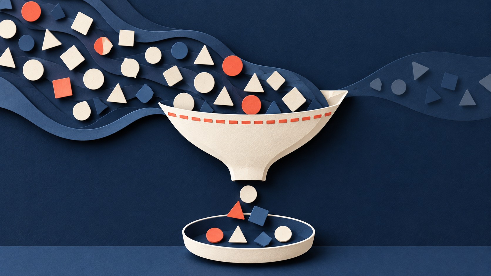 Colored token shapes pass through a curved funnel that selects a changing subset.