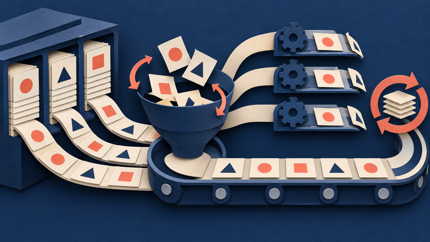Selected cards stream from a large archive into a smaller training data pipeline.