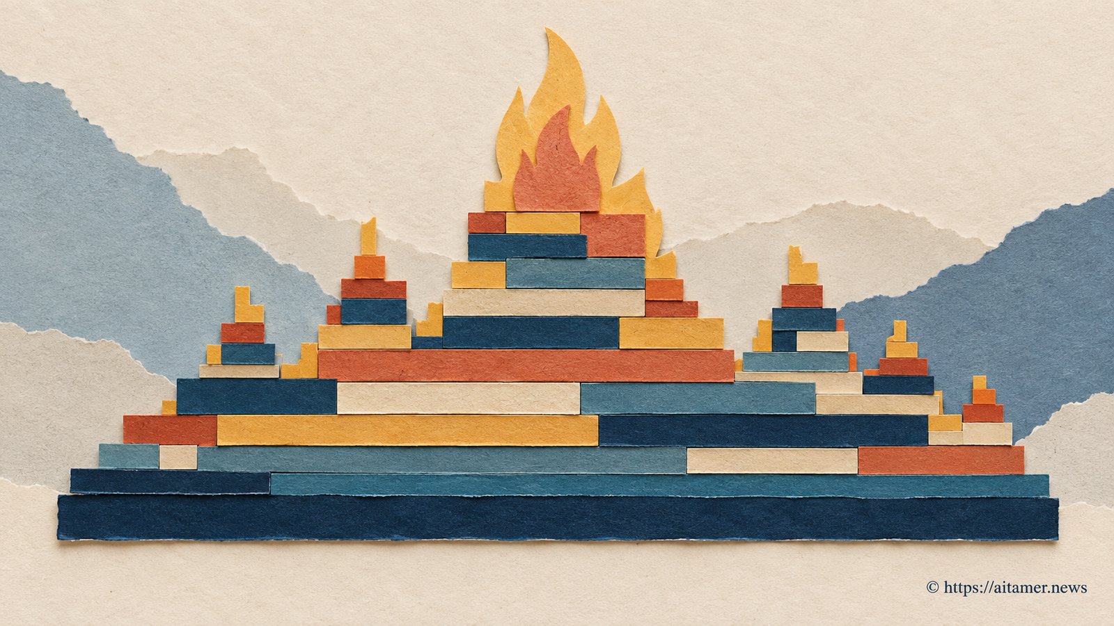 Layered paper stacks form a width-varied flame graph with a small flame rising above them.