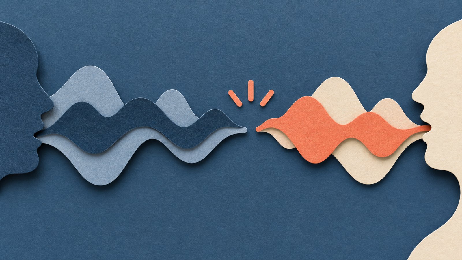 A paper-cut collage of two slate-blue and cream speech waves approaching a pause, with a coral marker showing the handoff between speakers.