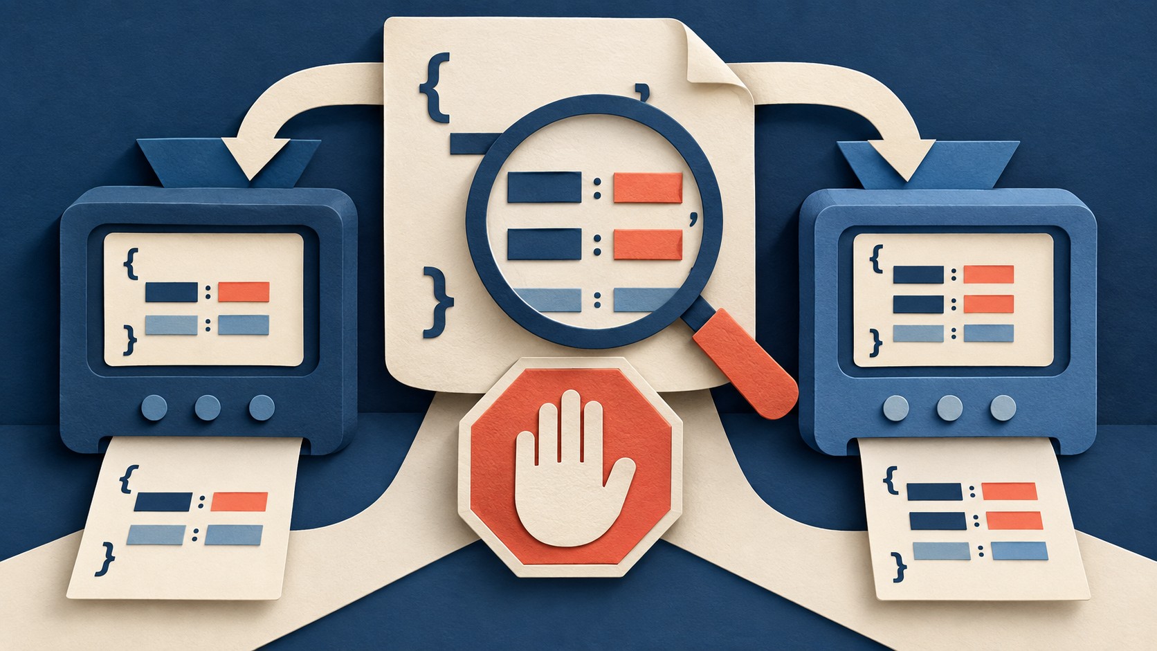 A magnifying glass reveals duplicate entries in a JSON-like document with conflicting outcomes.