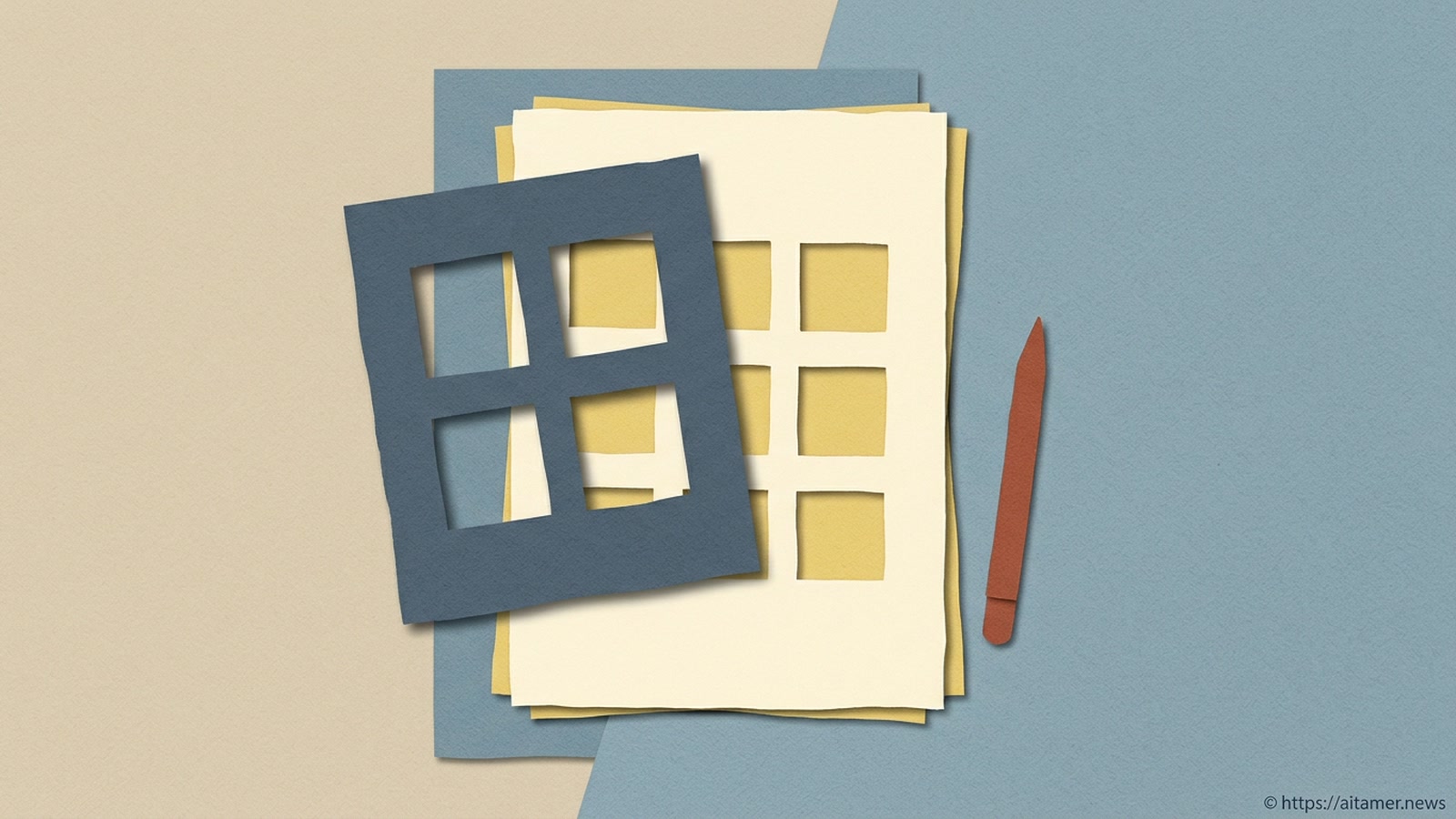 A dark paper stencil with square cut-outs lies over a sheet of yellow squares, letting only some of them show.