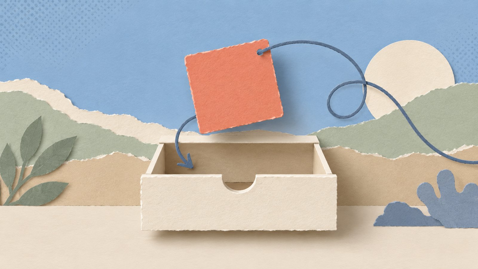 A coral paper tile hovers above an open cream drawer, tethered by a looping blue thread to suggest a preview that can be accepted or returned.