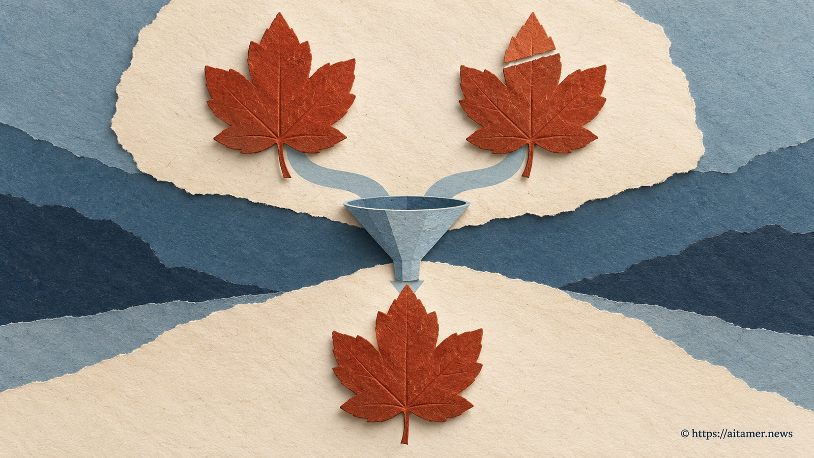 An intact red paper leaf and a matching leaf with a detached tip feed into a blue funnel above one whole leaf.