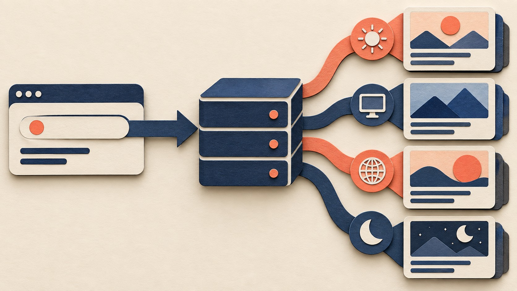 One web address branches through a cache into different response cards for different requests.
