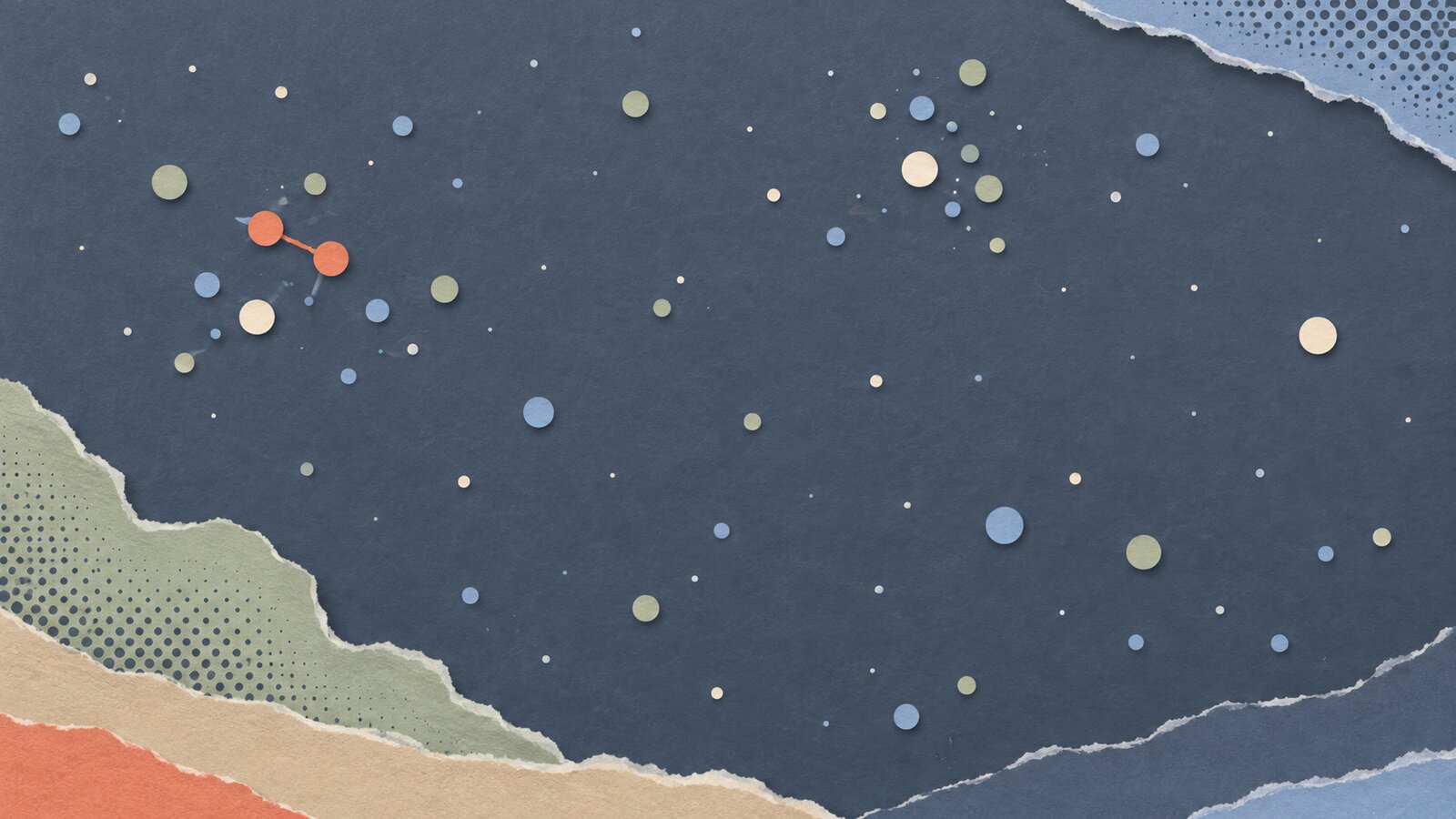 A paper-cut collage of a slate-blue night field scattered with small cream, sage and blue paper dots gathered into loose constellations; two coral dots sit close together, joined by a short coral thread.