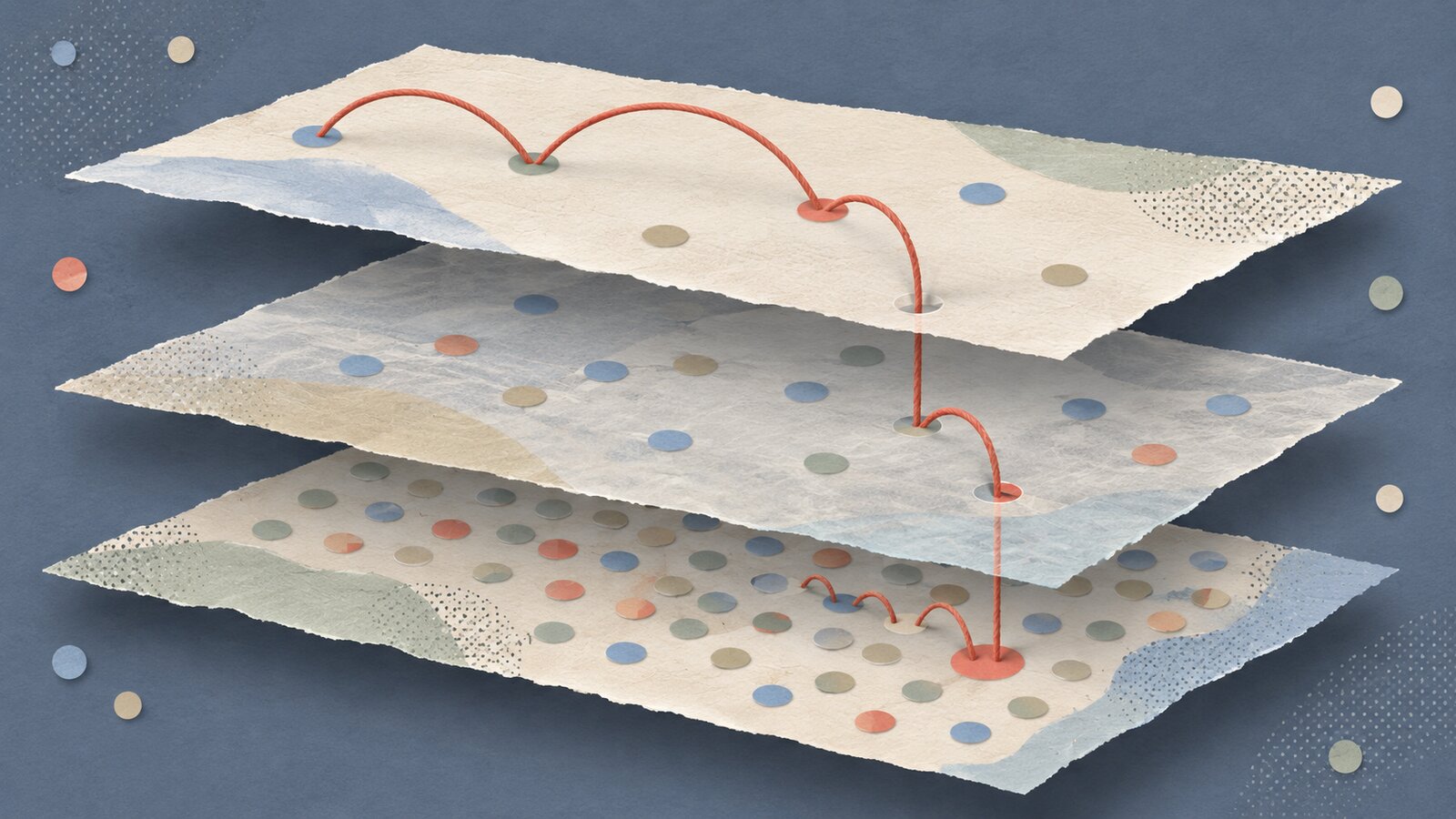 A paper-cut collage of three translucent paper sheets stacked above a slate-blue field; the top sheet has few dots, the bottom sheet many, and a coral thread hops across the top sheet, drops through the layers and ends at one coral dot.