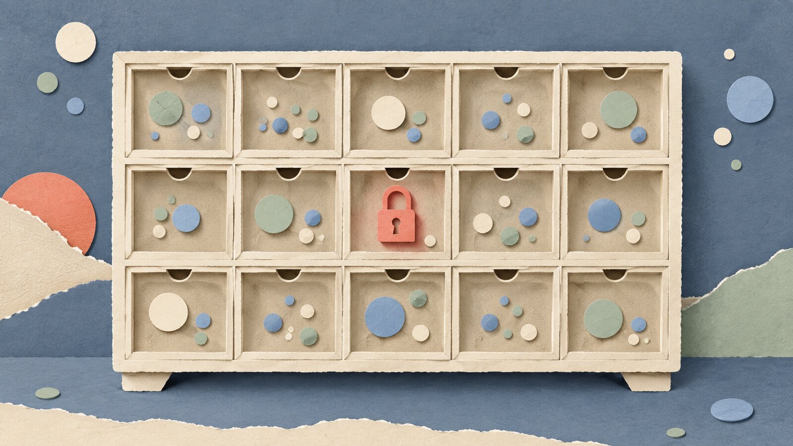A paper-cut collage of a cream and sand cabinet of fifteen pigeonholes on a slate-blue field; each holds its own small cluster of sage, blue or cream paper dots, and the middle compartment carries a small coral padlock.