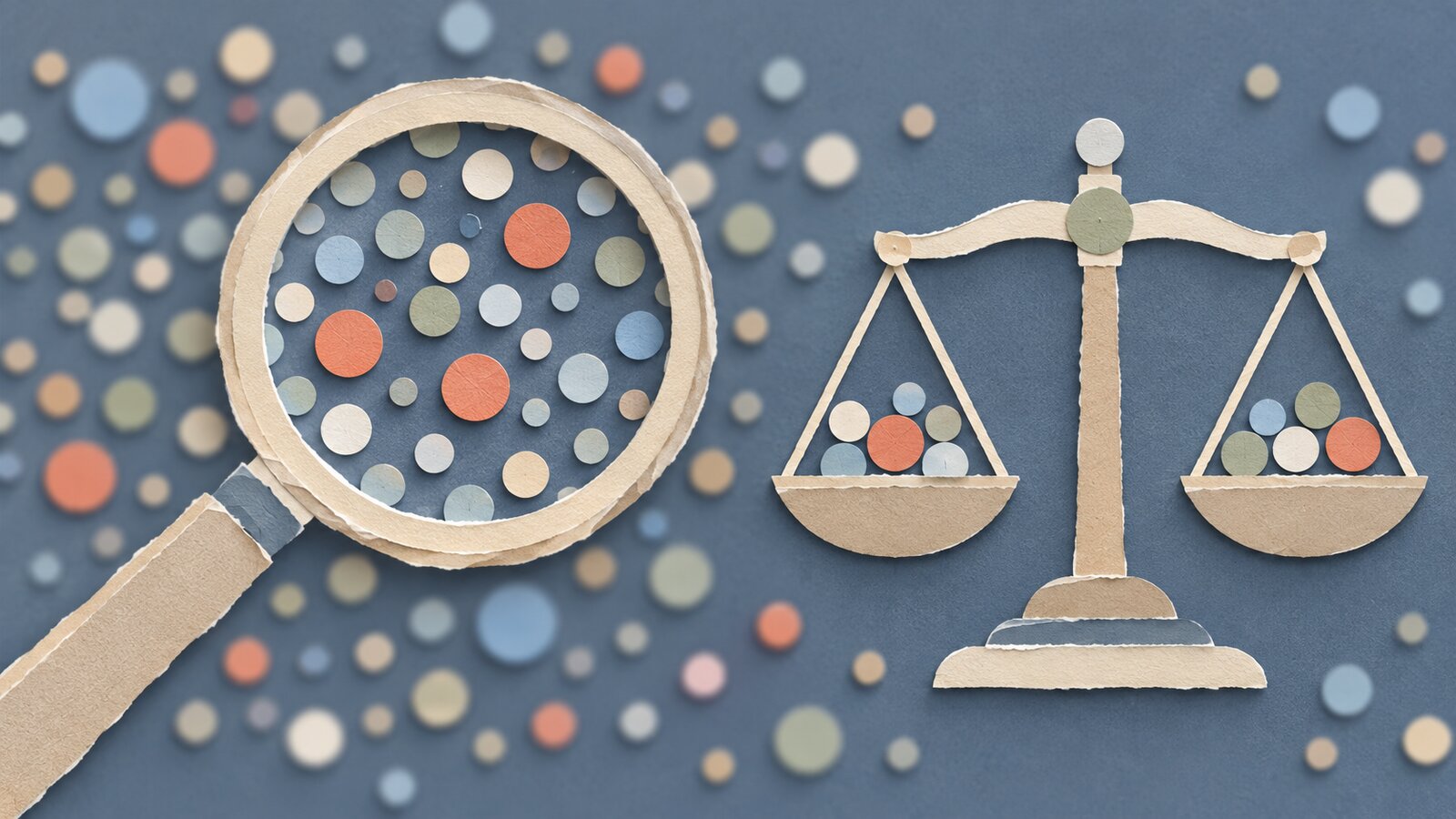 A paper-cut collage of a large sand-coloured magnifying loupe over a slate-blue field of paper dots; inside the lens the dots are sharp and a few coral ones stand out, while beside it a paper balance scale holds dots on each pan.