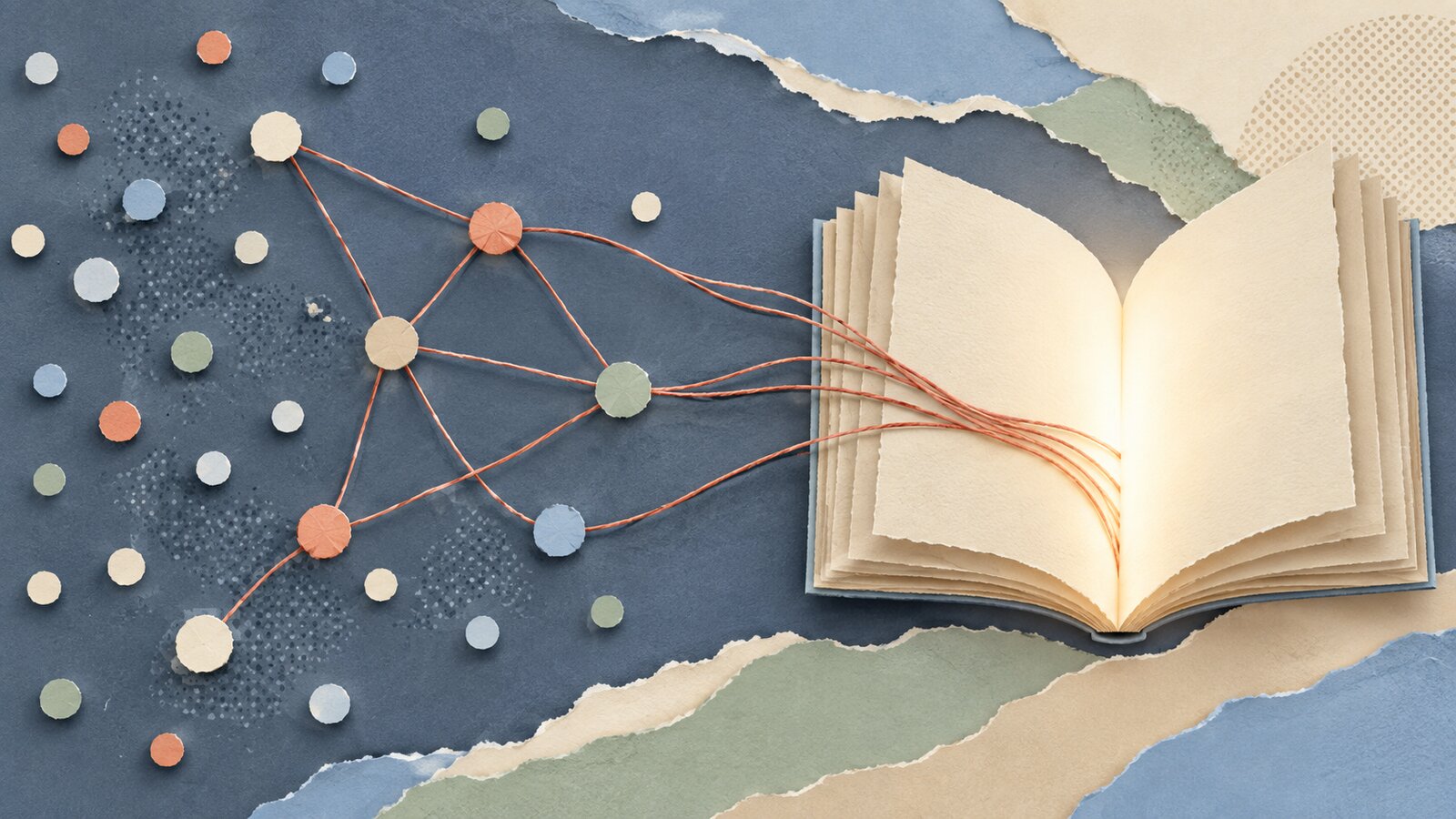 A paper-cut collage: on a slate-blue field of paper dots, coral threads link several dots into a small network and lead to an open cream paper book whose blank pages glow softly.