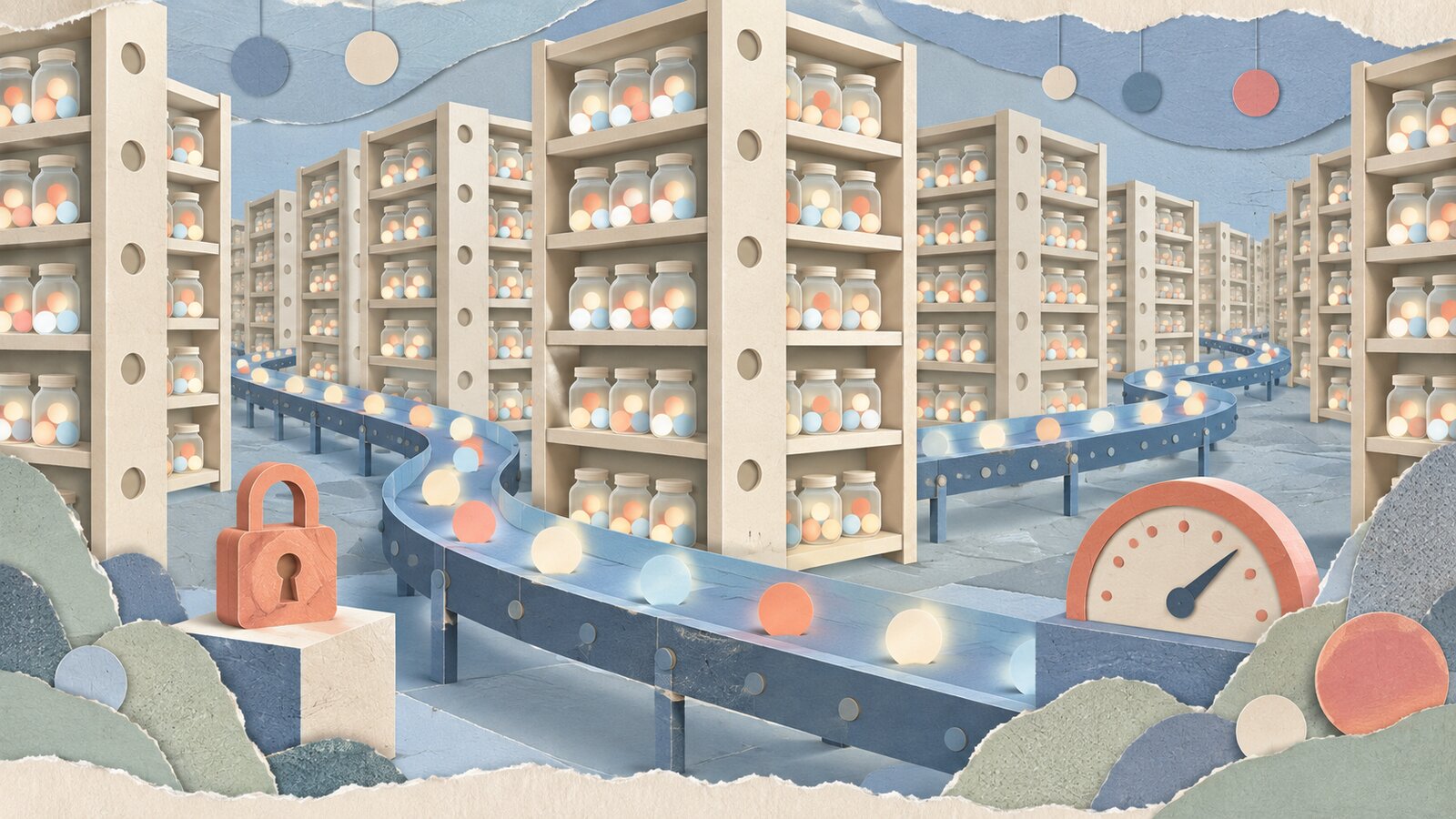 A paper-cut collage of rows of cream and sand shelving towers holding jars of glowing paper dots, with a soft blue conveyor ribbon winding between them and a small coral padlock and coral gauge in the foreground.