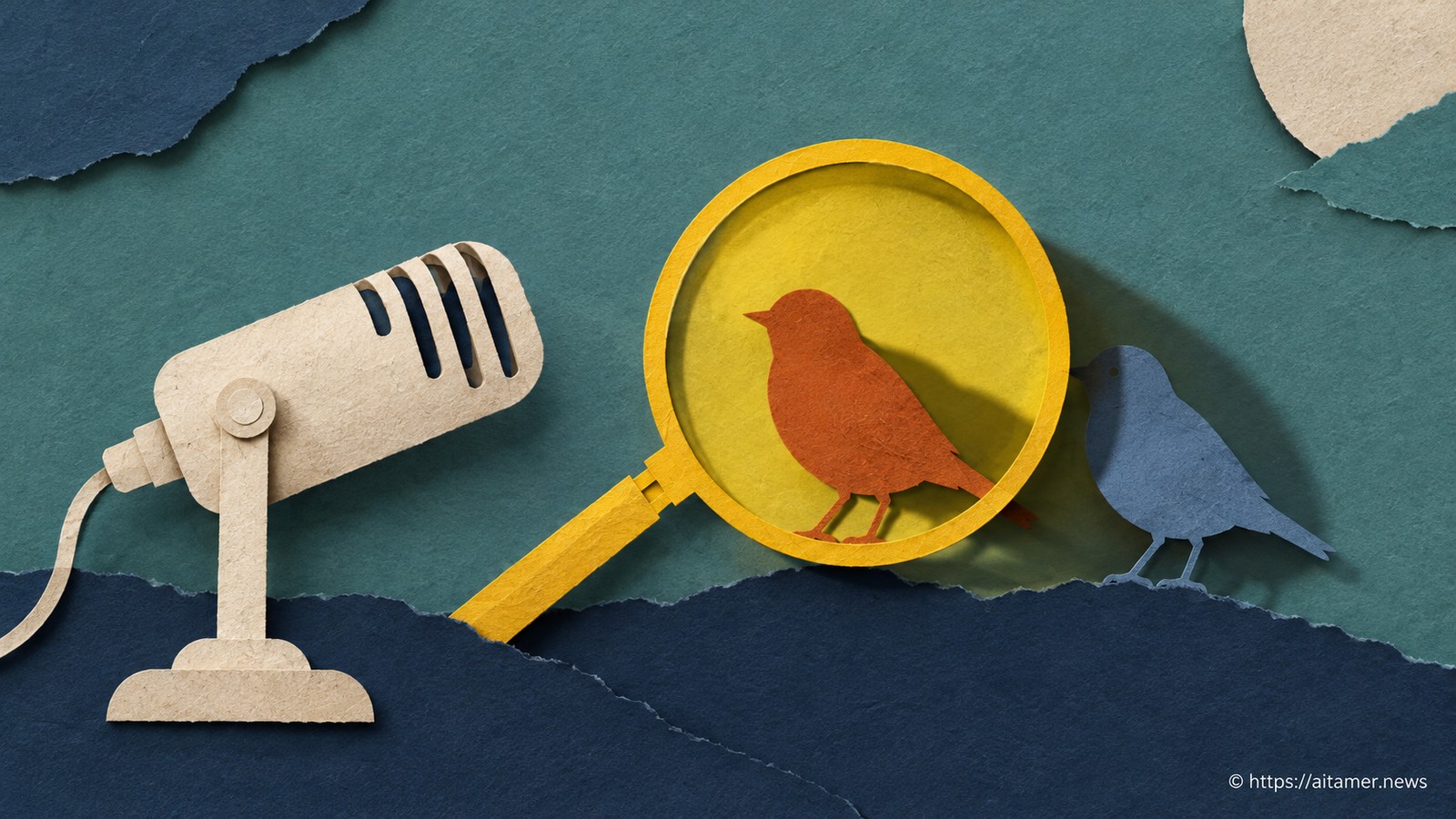 A yellow lens favors a rust paper bird and overshadows a similar blue bird beside a microphone.