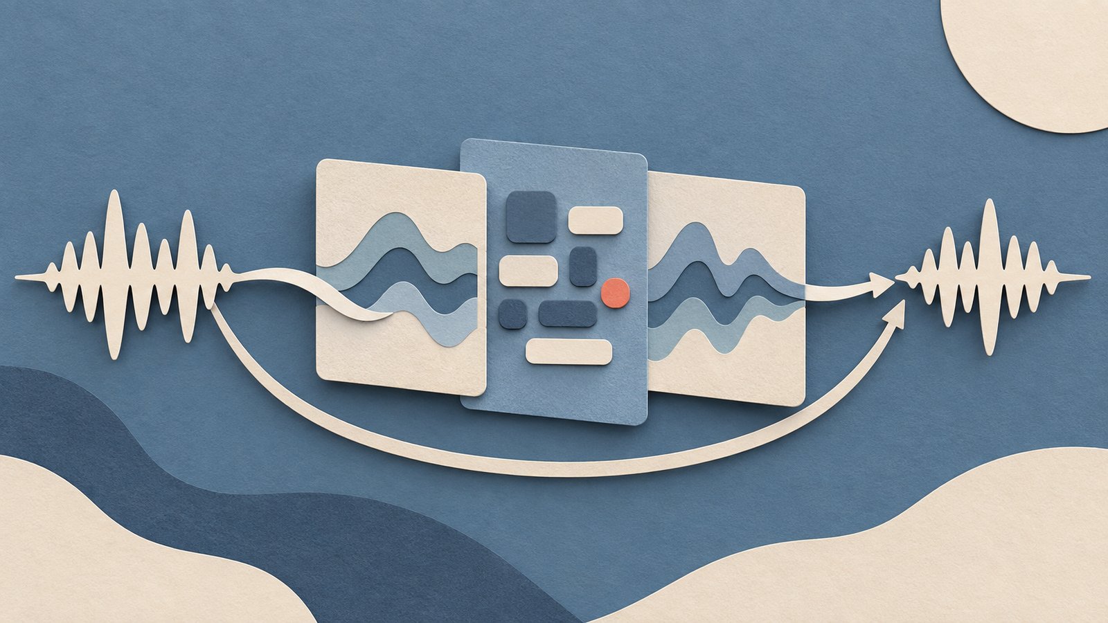A paper-cut collage of slate-blue and cream audio waves flowing through layered panels, with a coral accent marking a direct path from incoming to outgoing speech.