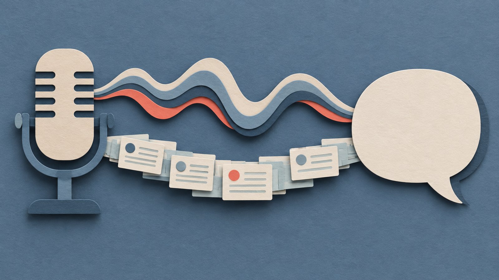 A paper-cut collage of a microphone sending flowing sound waves and small message cards toward a speech bubble.