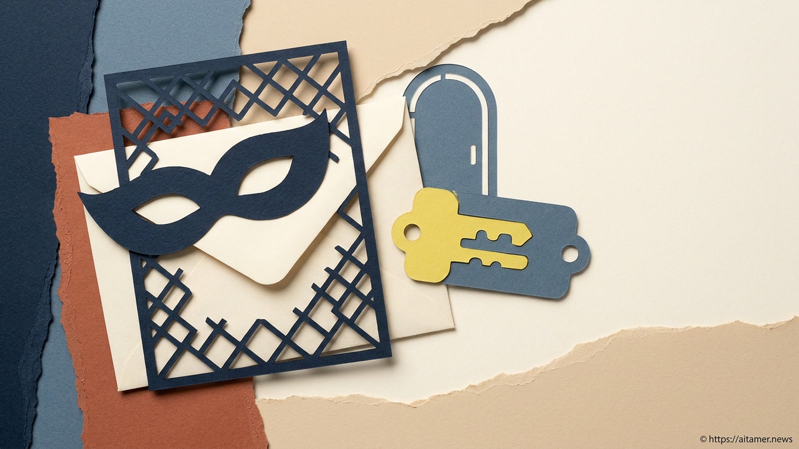 A sealed envelope sits behind a lattice screen bearing a paper mask, beside a key on a tag.