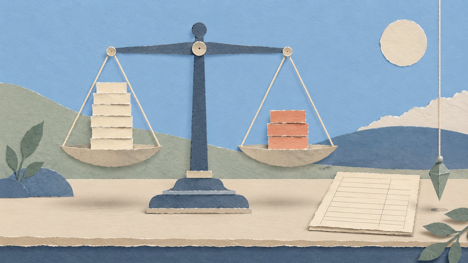 A paper-cut balance scale pairs seven cream tiles with three coral tiles, with a blank ledger and measuring string suggesting calibrated confidence.