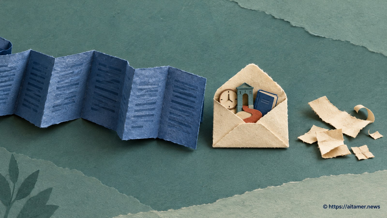 A small cream envelope keeps a clock, doorway, book and path while a long blue paper strip and offcuts remain outside.